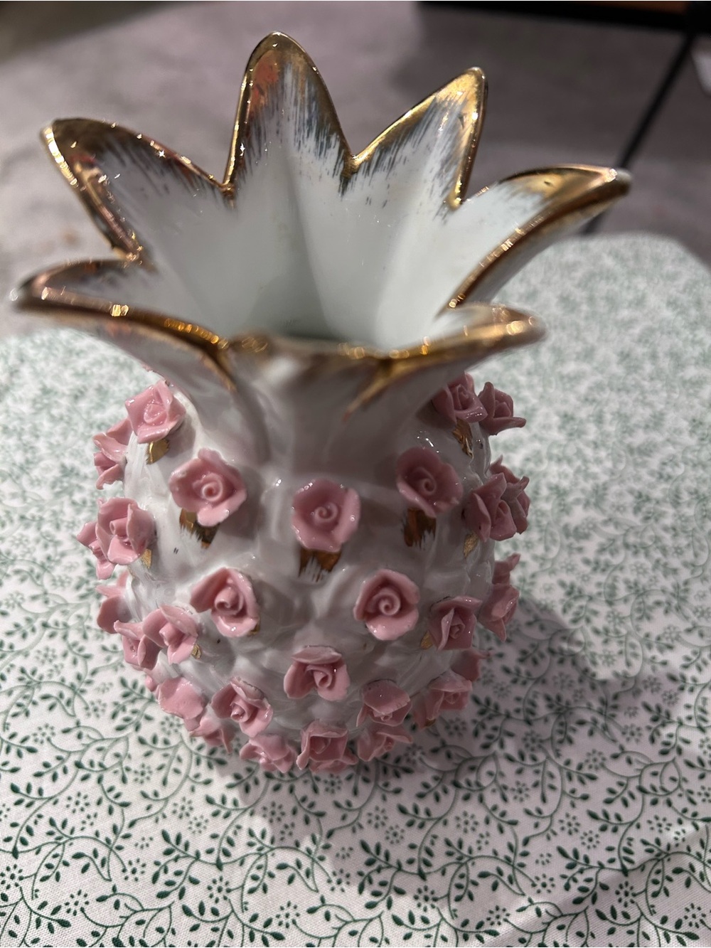 Lefton White Porcelain Pineapple Vase with Pink Roses and Gold Trim